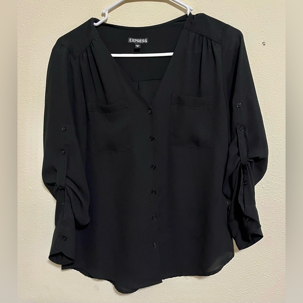 Express Black Button Down women’s blouse – Roll Tab Sleeves, Size XS